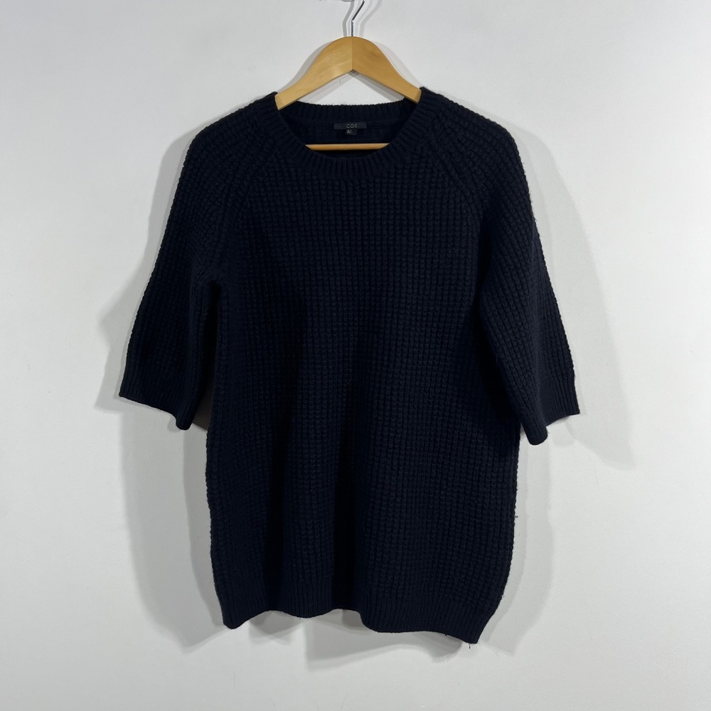COS Oversized Chunky 100% Wool Waffle Knit Sweater Navy Womens Small Fisherman